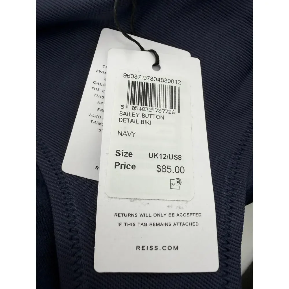REISS Bikini Bottom Size 8 NEW Navy Blue w/ Button Swim Bottoms Swimsuit